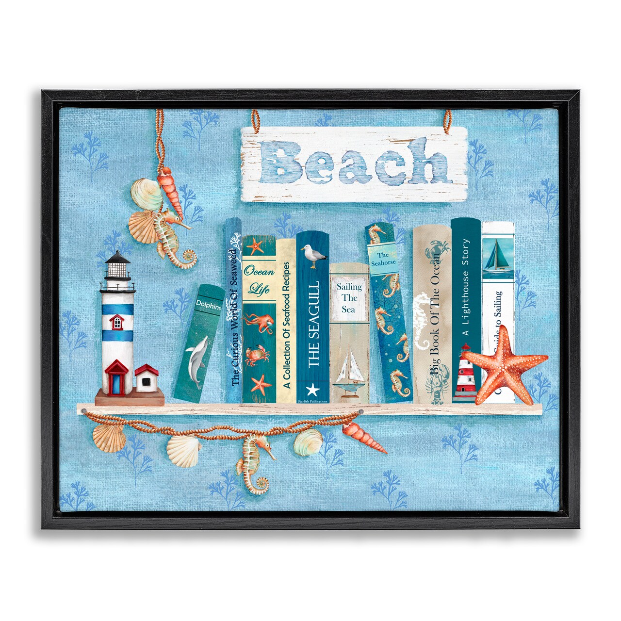 Stupell Industries Beachy Book Shelf Panel Black Framed Floater Canvas Wall Art, design by Emma Leach